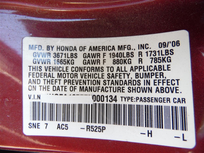2007 Honda Civic LX Burgundy Sedan 1.8L AT A22514 RANCHO HondaAcura